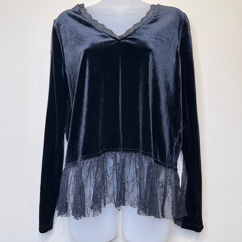 Allison NY | Velvet Lace Long Sleeve V-Neck Peplum Dark Academia Blouse - Picture 3 of 14